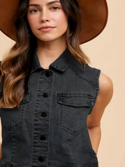Collared Neck Button Down Denim Vest — detail view — Livostyle