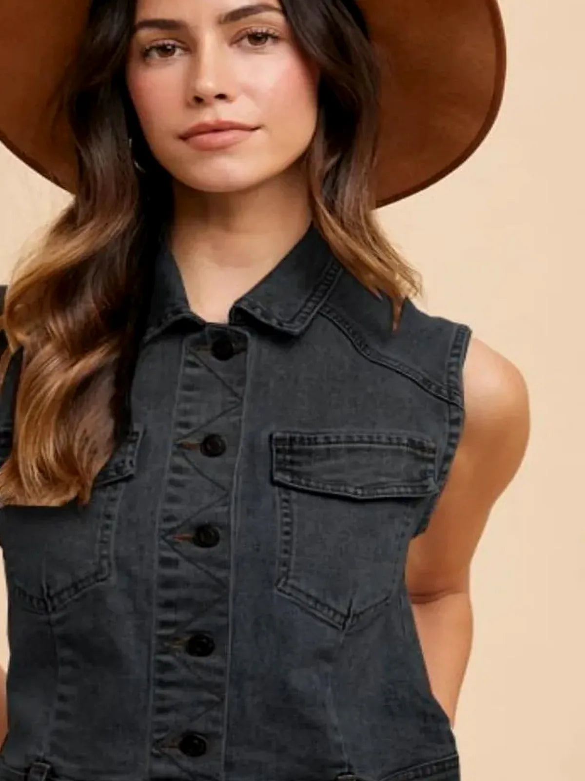 Collared Neck Button Down Denim Vest — detail view — Livostyle