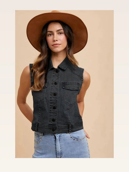 Collared Neck Button Down Denim Vest — styled showcase — Livostyle