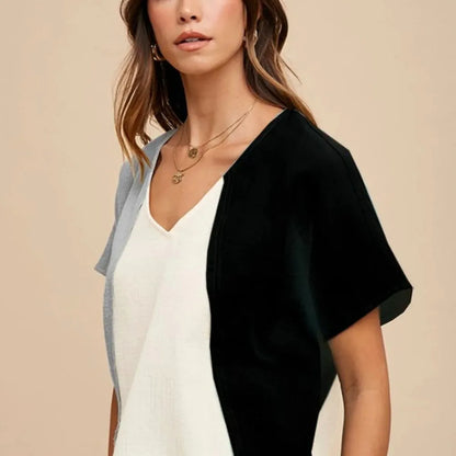 Stylish V-Neck Cotton Gauze Top with Color Block Design — square view — Livostyle
