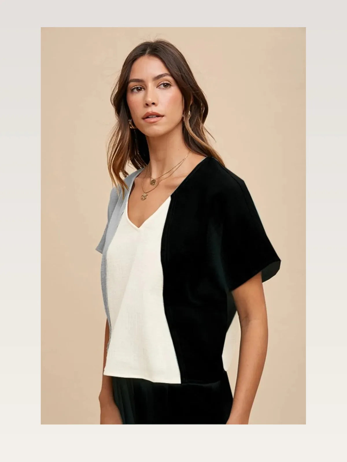 Stylish V-Neck Cotton Gauze Top with Color Block Design — styled showcase — Livostyle