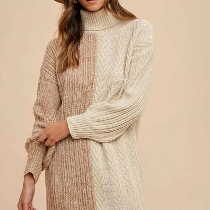 Color Block Turtleneck Sweater Dress — square view — Livostyle
