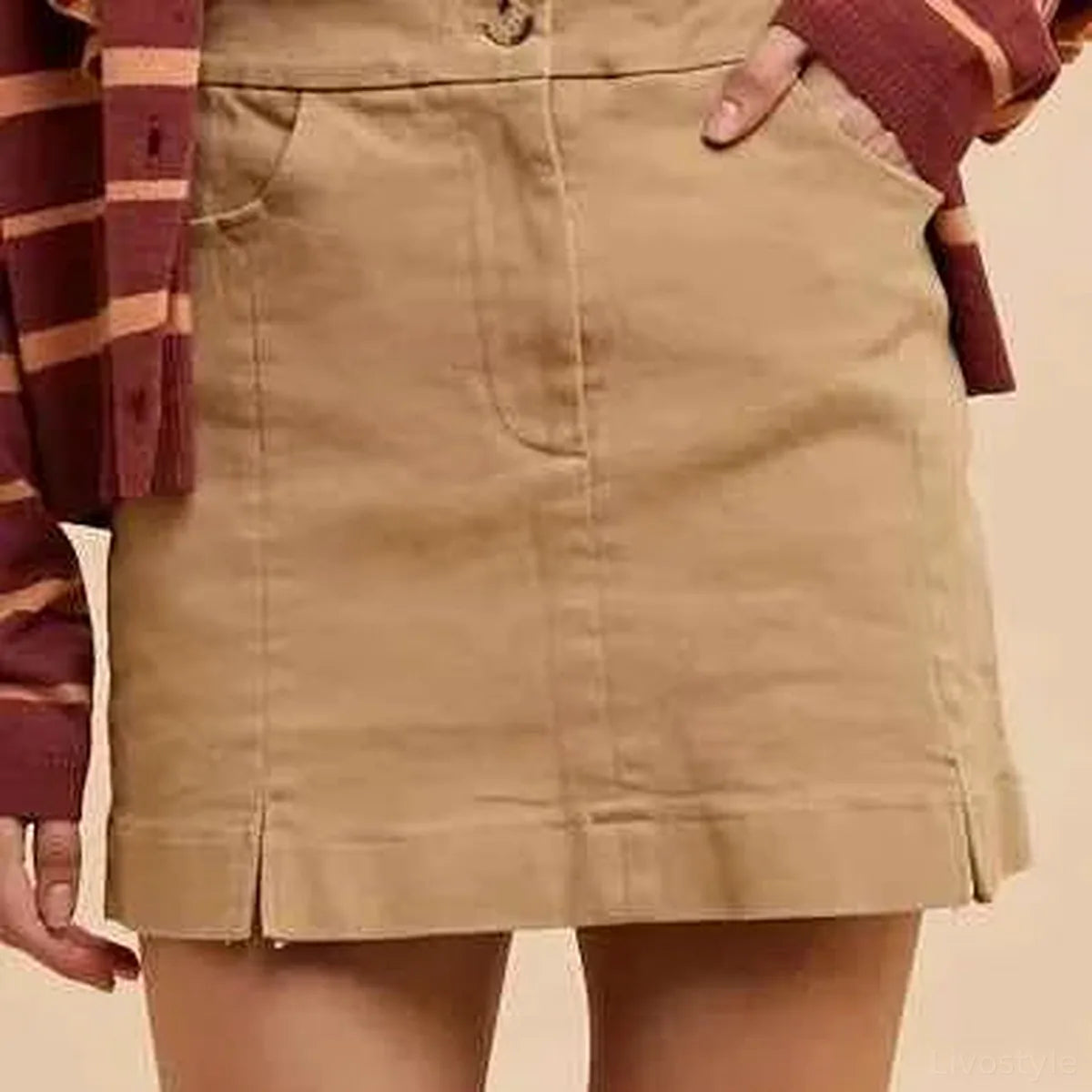 Khaki Comfort Stretch Cotton Slit Detailed Mini Skirt — square view — Livostyle