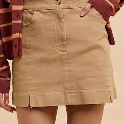 Khaki Comfort Stretch Cotton Slit Detailed Mini Skirt — square view — Livostyle