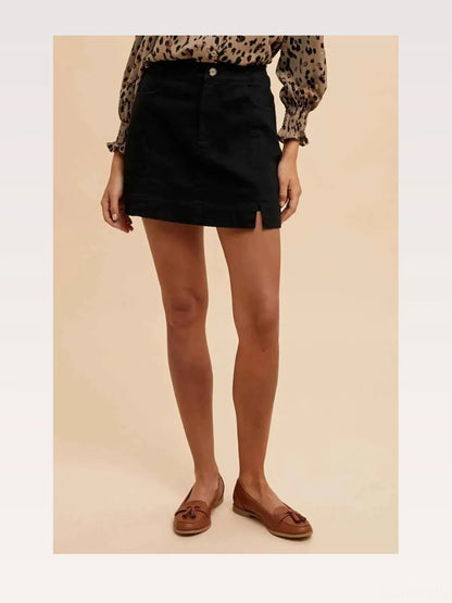 Black Comfort Stretch Cotton Slit Detailed Mini Skirt — styled showcase — Livostyle