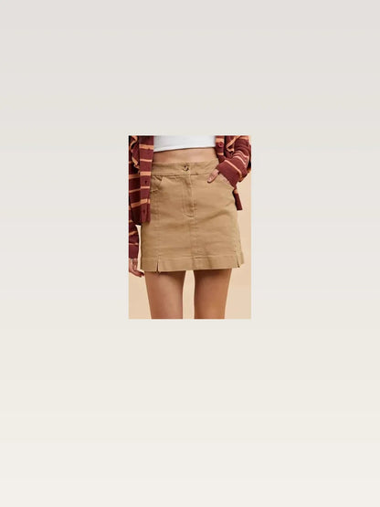 Khaki Comfort Stretch Cotton Slit Detailed Mini Skirt — styled showcase — Livostyle