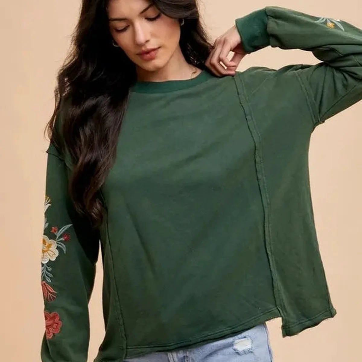 Elegant Embroidered Cotton Terry Top with Long Sleeves — square view — Livostyle