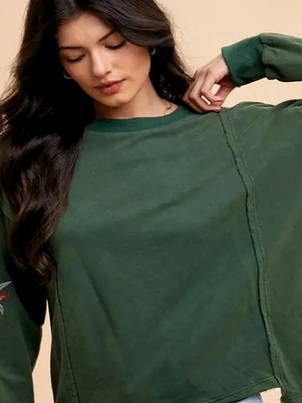 Elegant Embroidered Cotton Terry Top with Long Sleeves — detail view — Livostyle