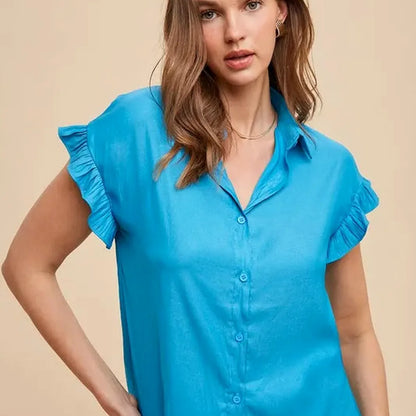 Chic Ruffle Sleeve Woven Blouse: Relaxed Fit — square view — Livostyle