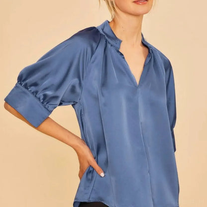 Elegant Satin V-Neck Blouse with Open Short Sleeves — square view — Livostyle