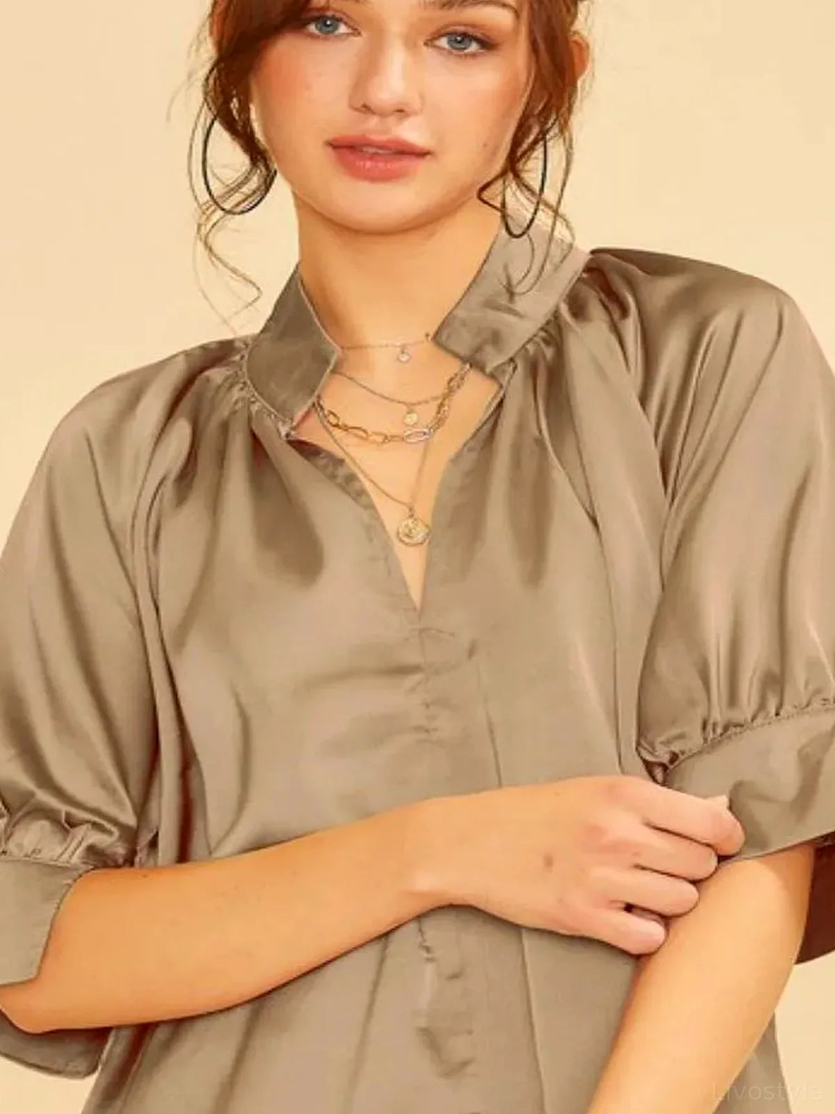 Elegant Satin V-Neck Blouse with Open Short Sleeves and Wove — detail view — Livostyle