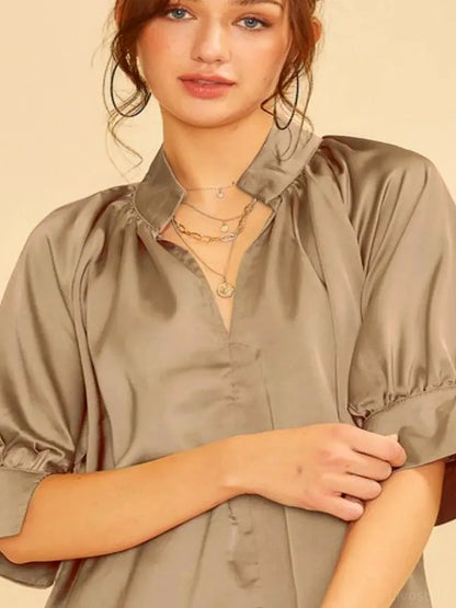 Elegant Satin V-Neck Blouse with Open Short Sleeves and Wove — detail view — Livostyle