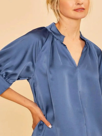 Elegant Satin V-Neck Blouse with Open Short Sleeves — detail view — Livostyle