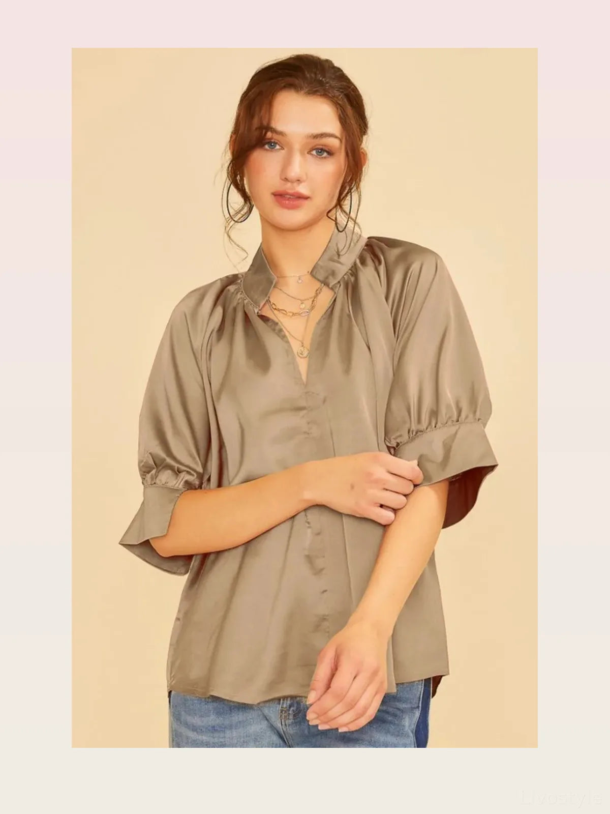 Elegant Satin V-Neck Blouse with Open Short Sleeves and Wove — styled showcase — Livostyle