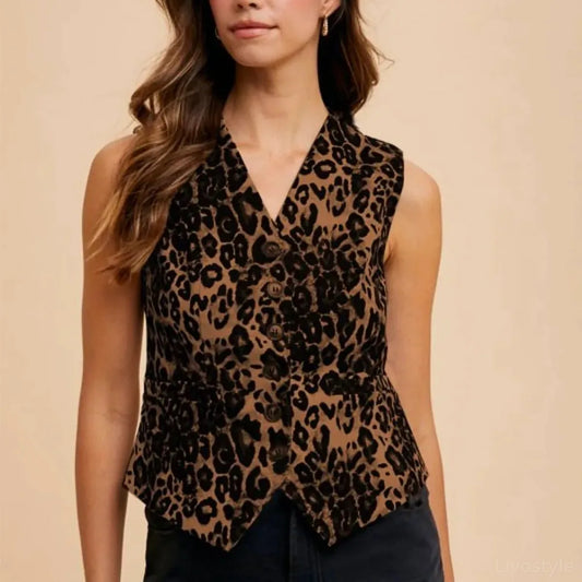 Stretch Leopard Denim Button Down Vest — square view — Livostyle