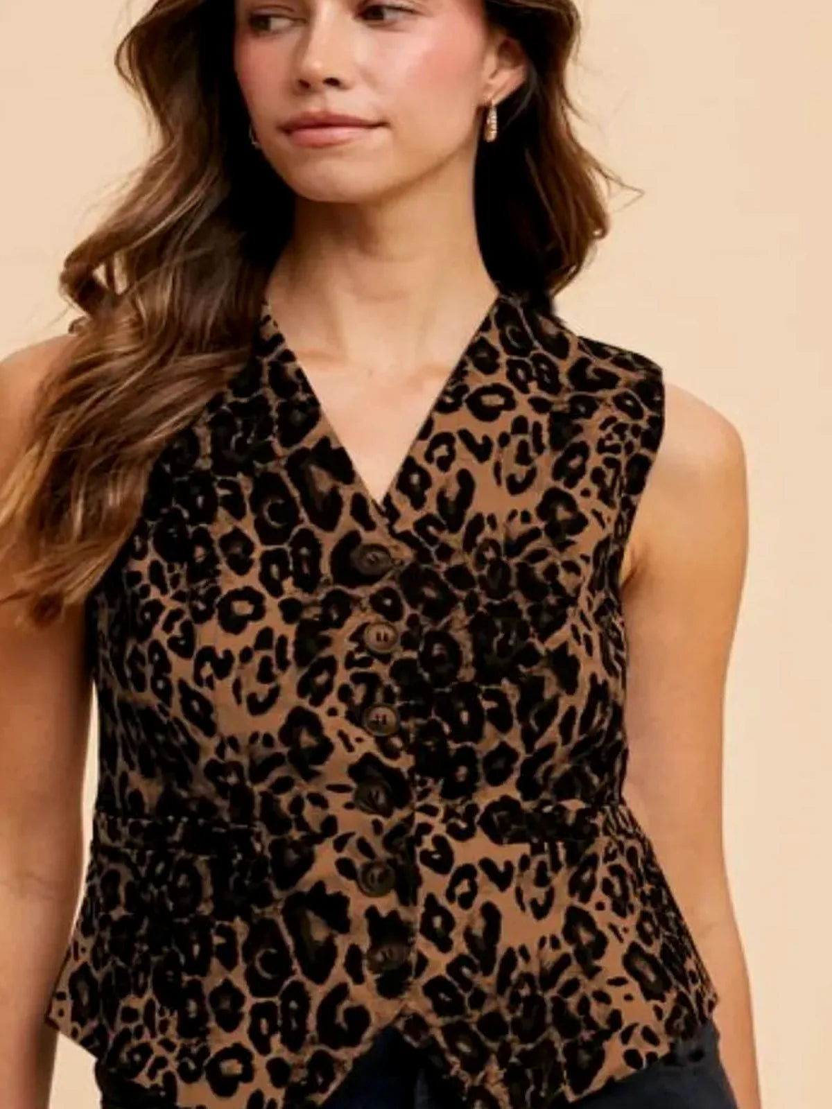 Stretch Leopard Denim Button Down Vest — detail view — Livostyle