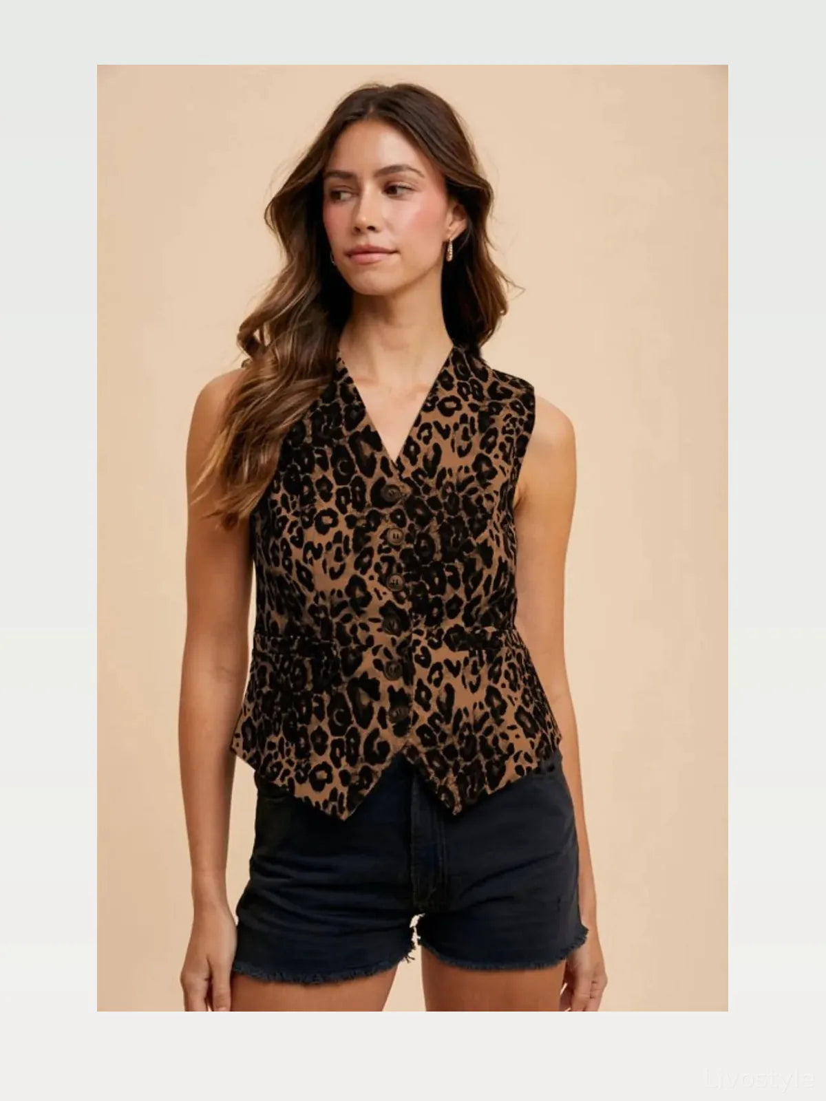 Stretch Leopard Denim Button Down Vest — styled showcase — Livostyle