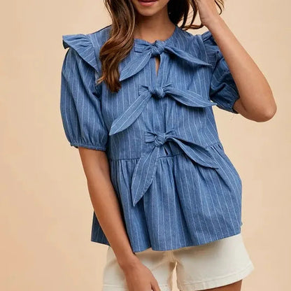 Stripe Front Bow Denim Peplum Blouse — square view — Livostyle