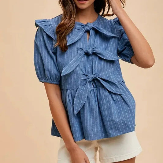 Stripe Front Bow Denim Peplum Blouse — square view — Livostyle
