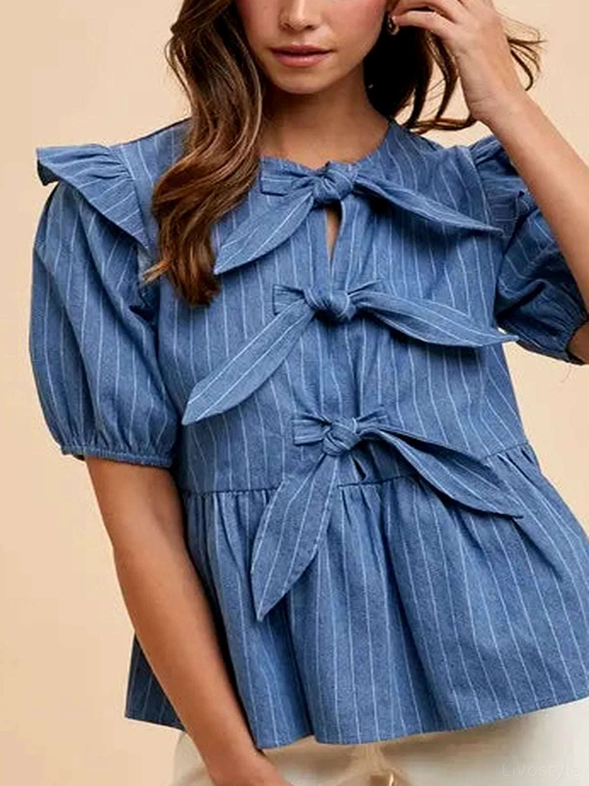 Stripe Front Bow Denim Peplum Blouse — detail view — Livostyle