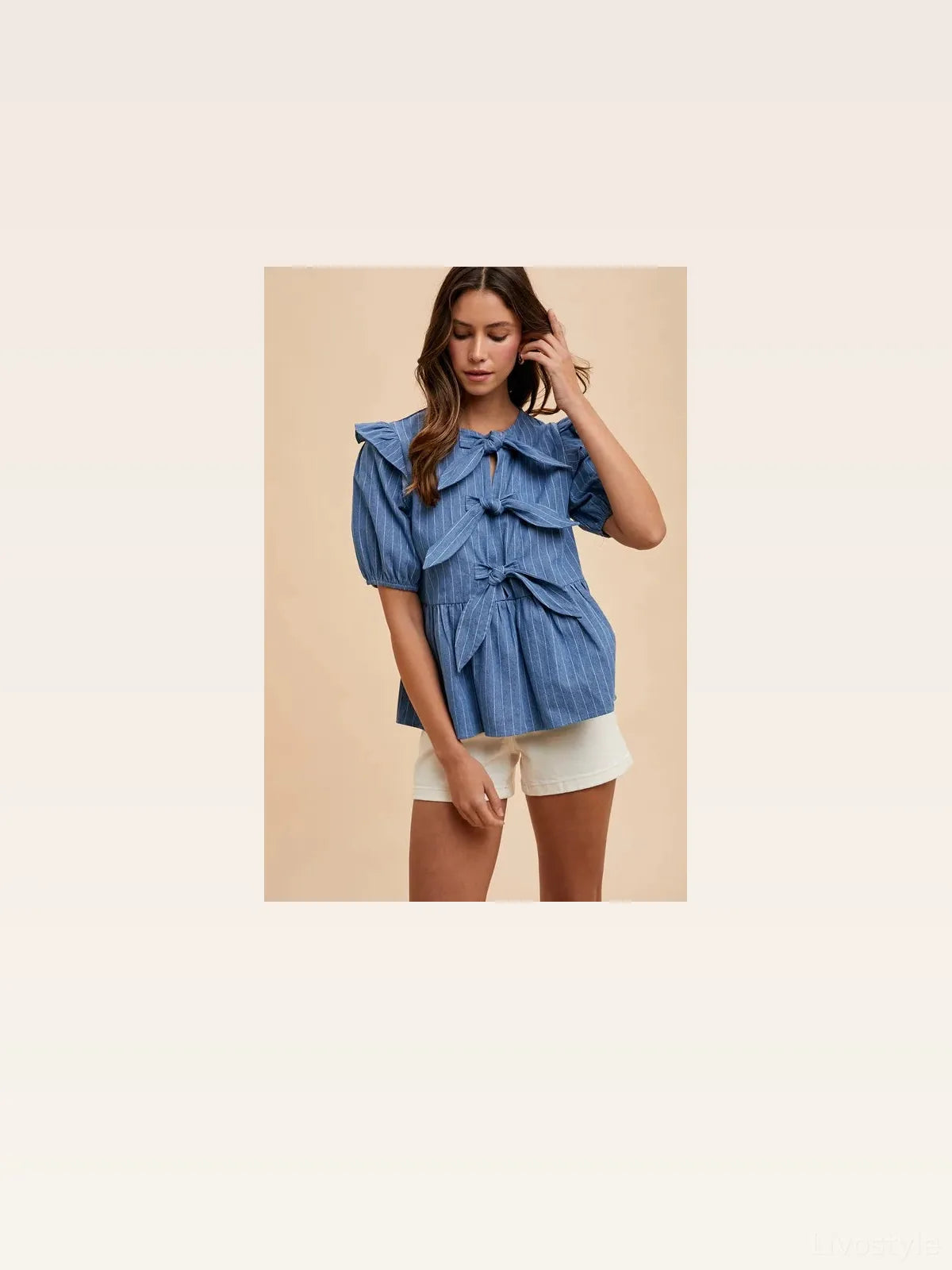Stripe Front Bow Denim Peplum Blouse — styled showcase — Livostyle