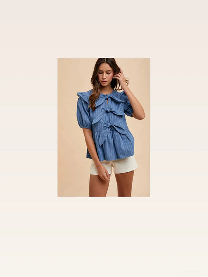 Stripe Front Bow Denim Peplum Blouse — styled showcase — Livostyle