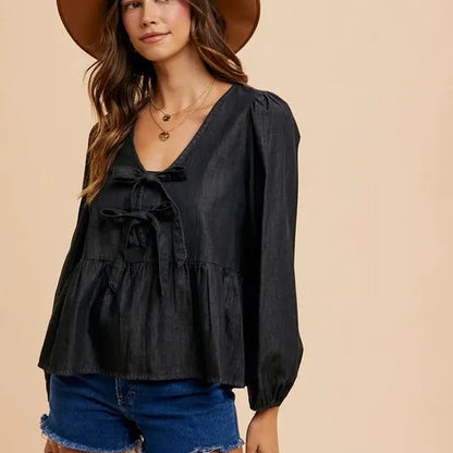 Tie Front Peplum Long Sleeve Denim Top — square view — Livostyle