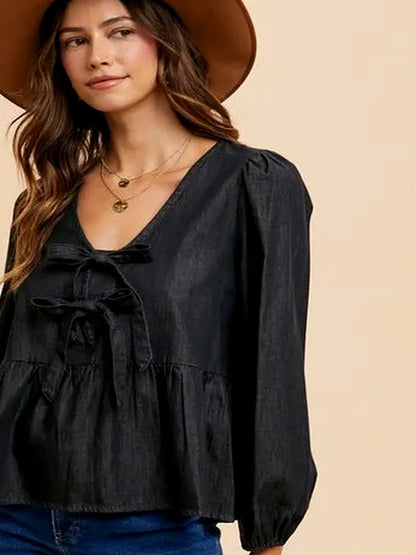 Tie Front Peplum Long Sleeve Denim Top — detail view — Livostyle