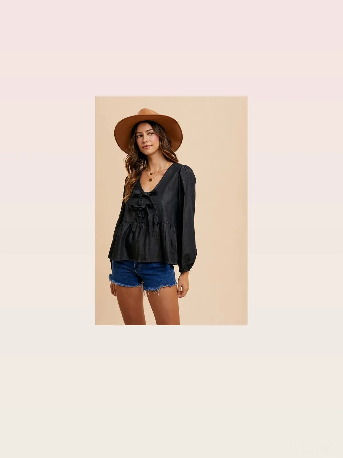 Tie Front Peplum Long Sleeve Denim Top — styled showcase — Livostyle