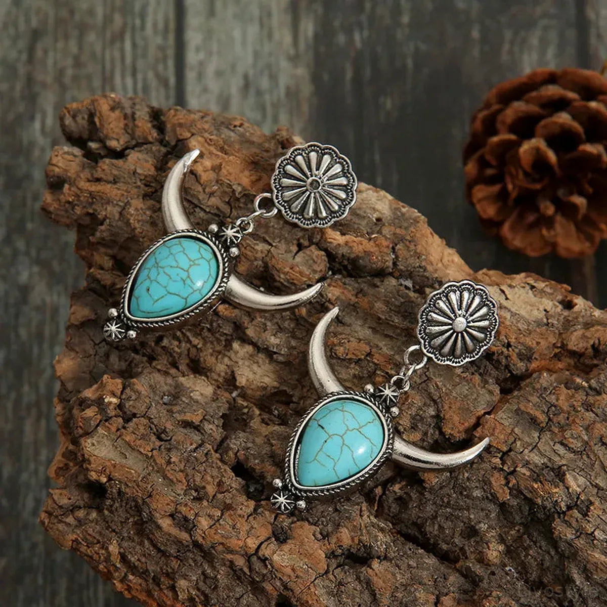 Artificial Turquoise Alloy Cow Head Earrings — square view — Livostyle