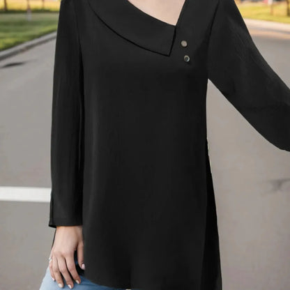 Chic Long Sleeve Asymmetrical Neck Blouse — square view — Livostyle