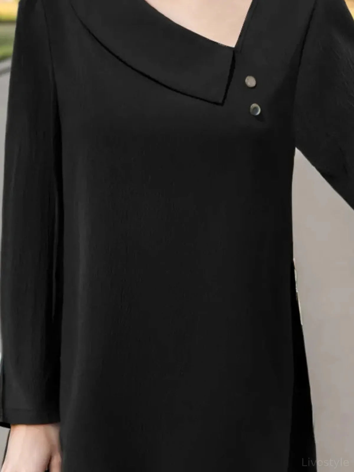 Chic Long Sleeve Asymmetrical Neck Blouse — detail view — Livostyle