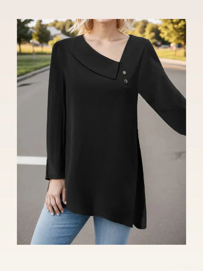 Chic Long Sleeve Asymmetrical Neck Blouse — styled showcase — Livostyle