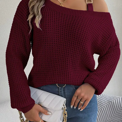 Asymmetrical Neck Long Sleeve Sweater — square view — Livostyle