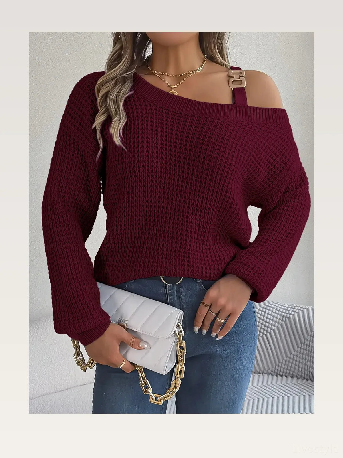 Asymmetrical Neck Long Sleeve Sweater — styled showcase — Livostyle