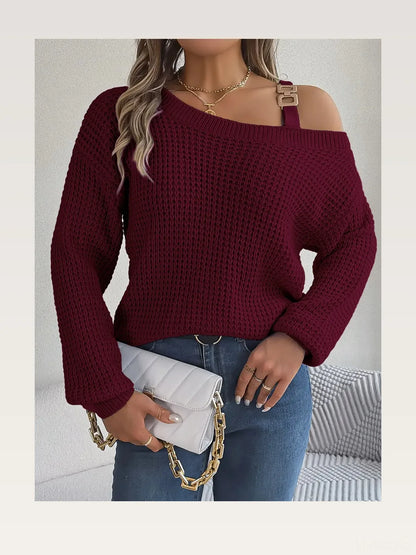 Asymmetrical Neck Long Sleeve Sweater — styled showcase — Livostyle