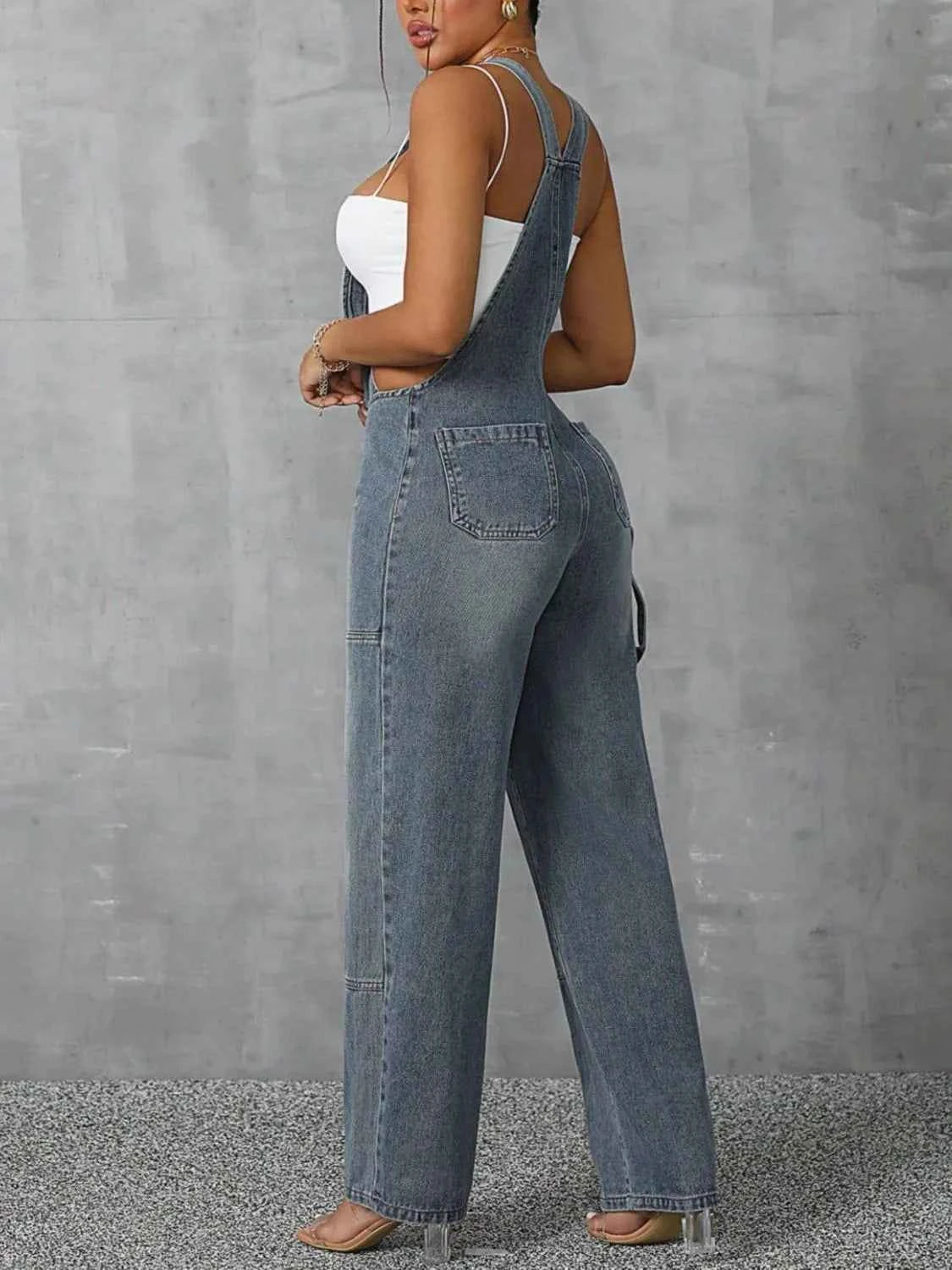 Zip Front Wide Strap Denim Overalls