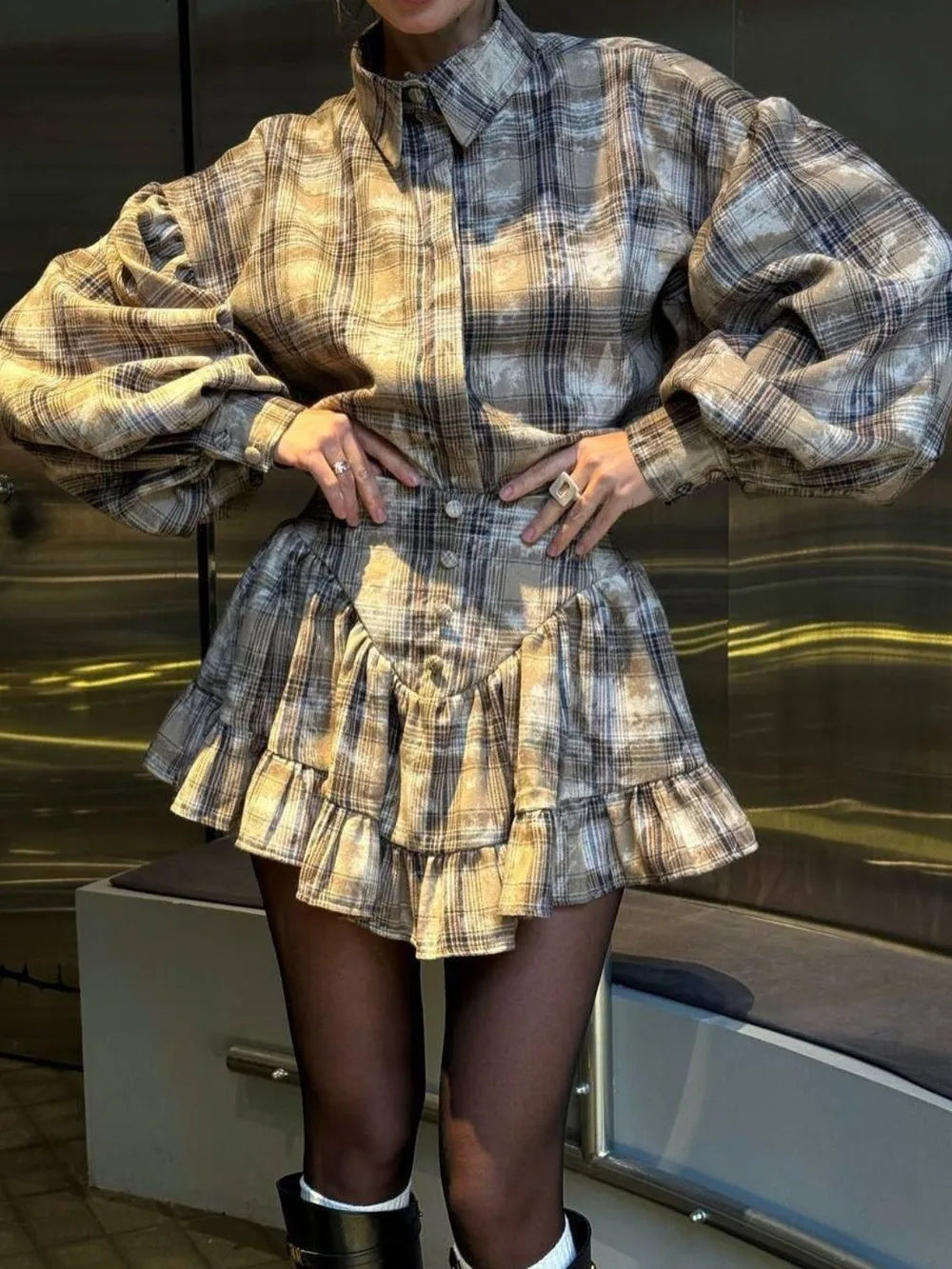 Lantern Sleeve Shirt and Ruffled Skirt Set detail — Livostyle