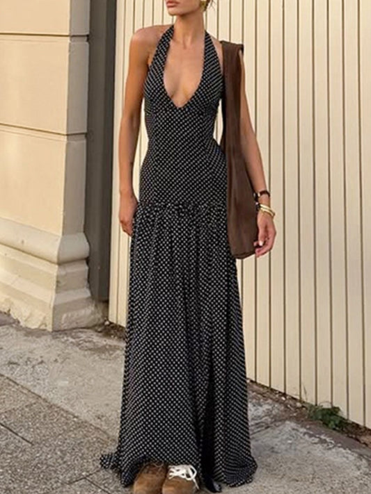 Polka Dot Halter Neck Backless Maxi Dress with Tie