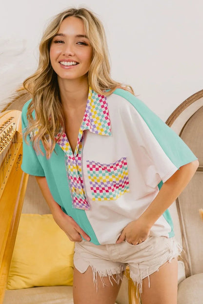 Stylish Color Block Knit Top with Trendy Checker Contrast — Livostyle
