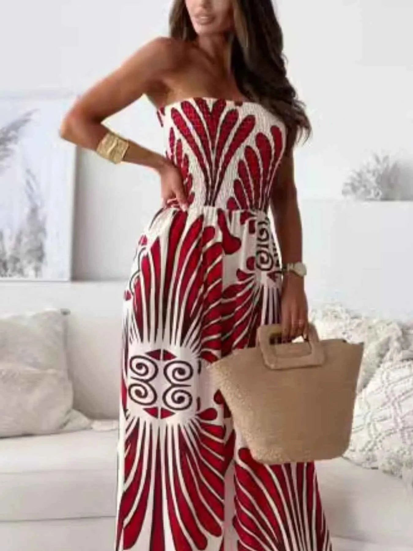 Printed Smocked Tube Wide Leg Jumpsuit