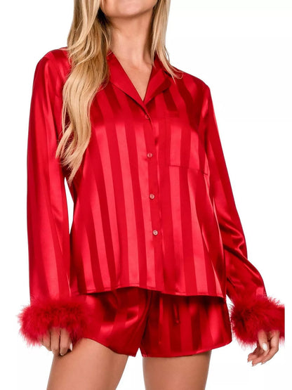 Striped Feather Trim Shirt and Shorts Lounge Set — Livostyle