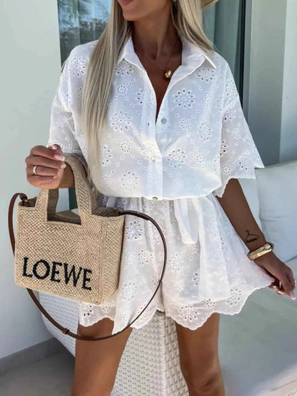 Eyelet Lace Button-Up Romper — Livostyle