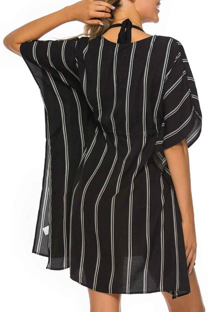 Drawstring Striped V-Neck Cover-Up