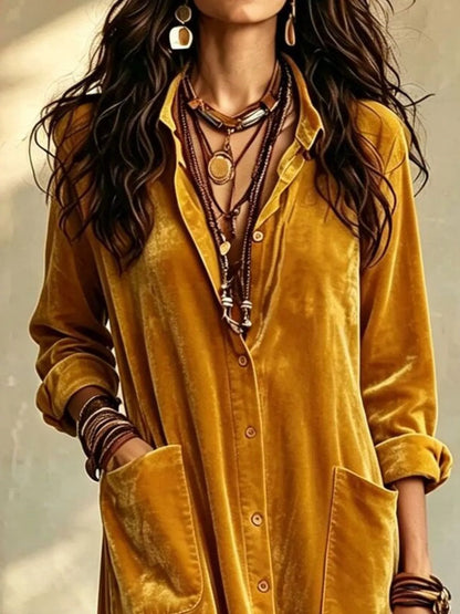 Velvet Button-Down Maxi Dress with Pockets