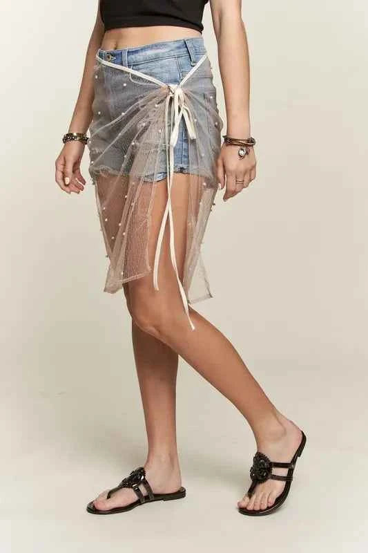 ADORA Pearl Accent Glitter Mesh Layered Cover-Up Skirt