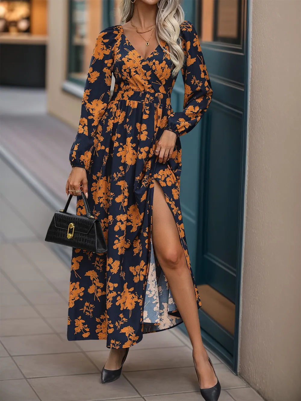 Split Printed Surplice Long Sleeve Midi Dress – photo 4