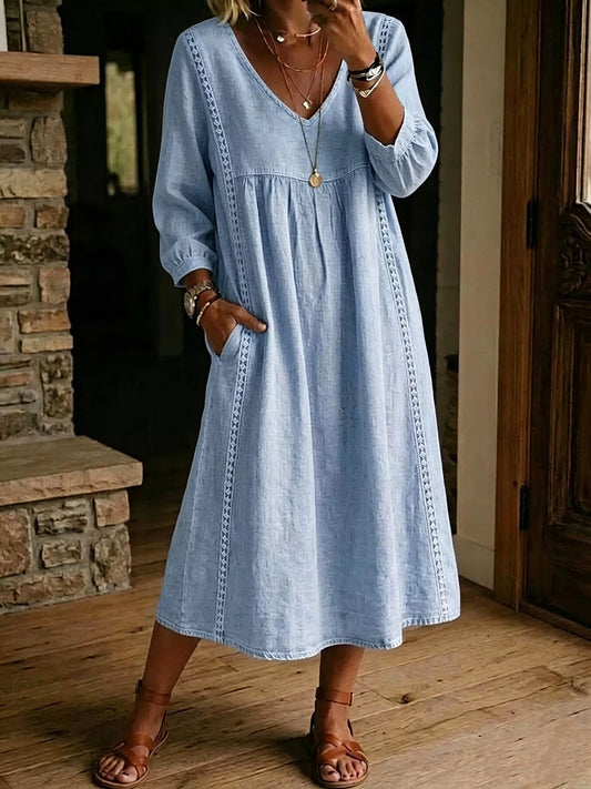 Lace Trim Long Sleeve Midi Dress with Pockets – Plus Size in Blue
