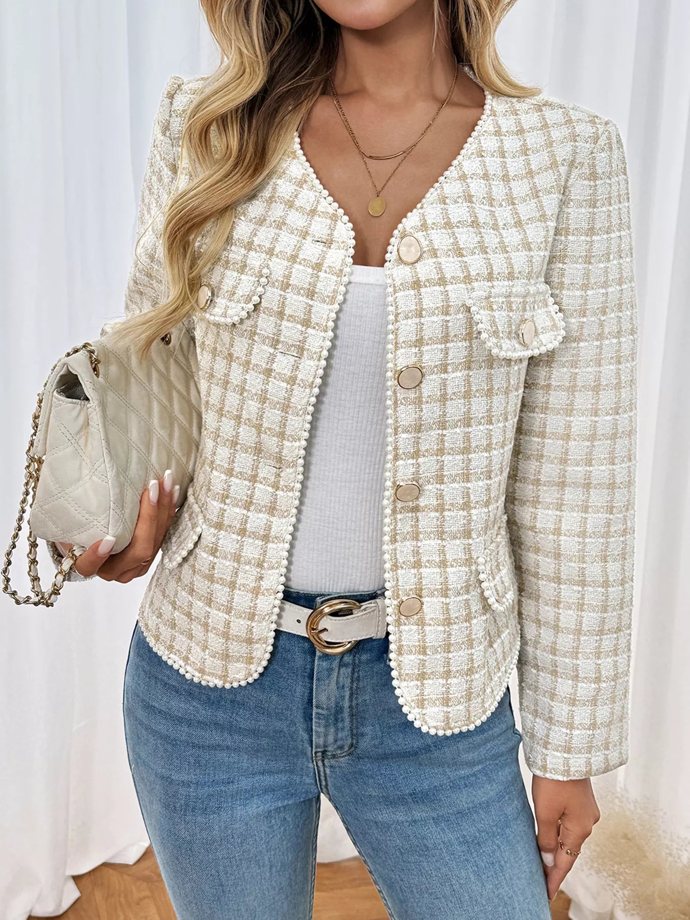 Plaid Button-Front Long Sleeve Outerwear detail — Livostyle