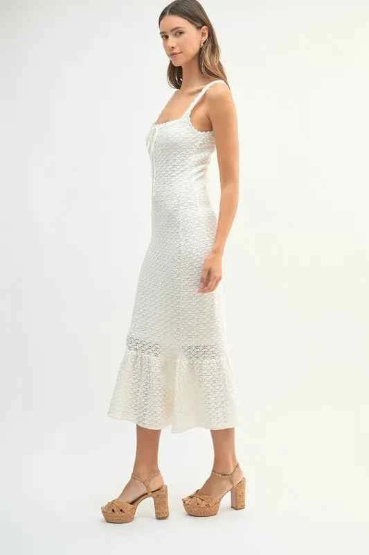 MABLE Ruffled Hem Sleeveless Crochet Knit Midi Dress